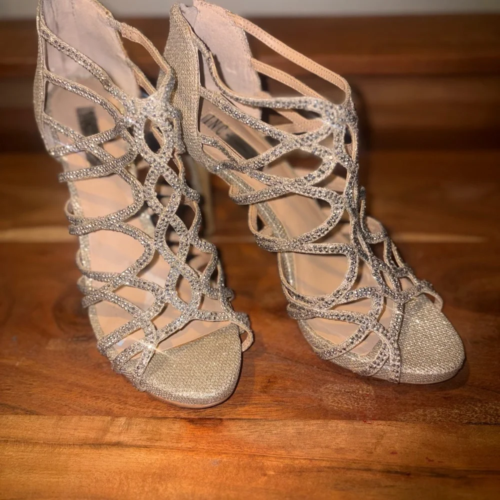 INC International Concepts Rhinestone Open Toe Heels Gold 9.5M Glam Dates Formal